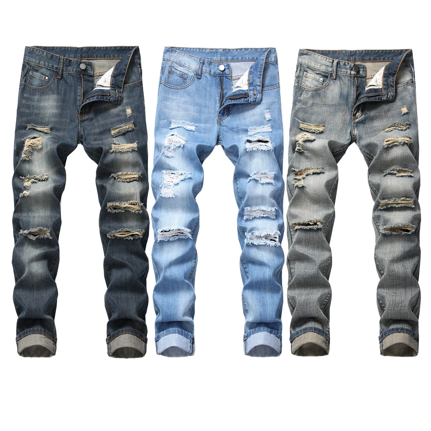 Mens Ripped Jeans Straight Slim Elasticless Tattered Trousers Autumn Streetwear Fashion Male Large Size Denim Pants - Image 2