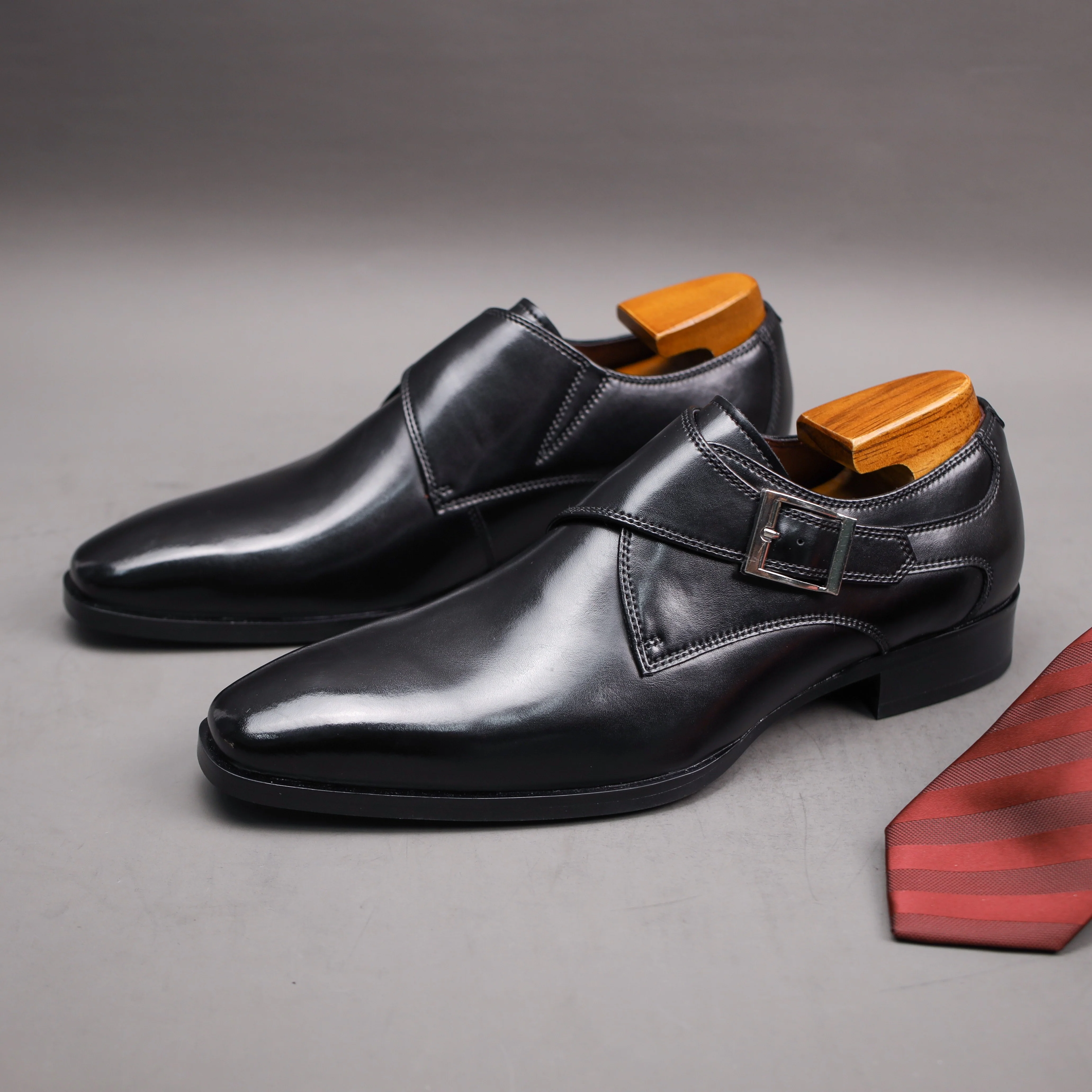 Men's Second Layer Cowhide Upper Solid Color Monk Shoes, Comfy Non Slip Rubber Sole Durable Dress Shoes, Men's Footwear - Image 10