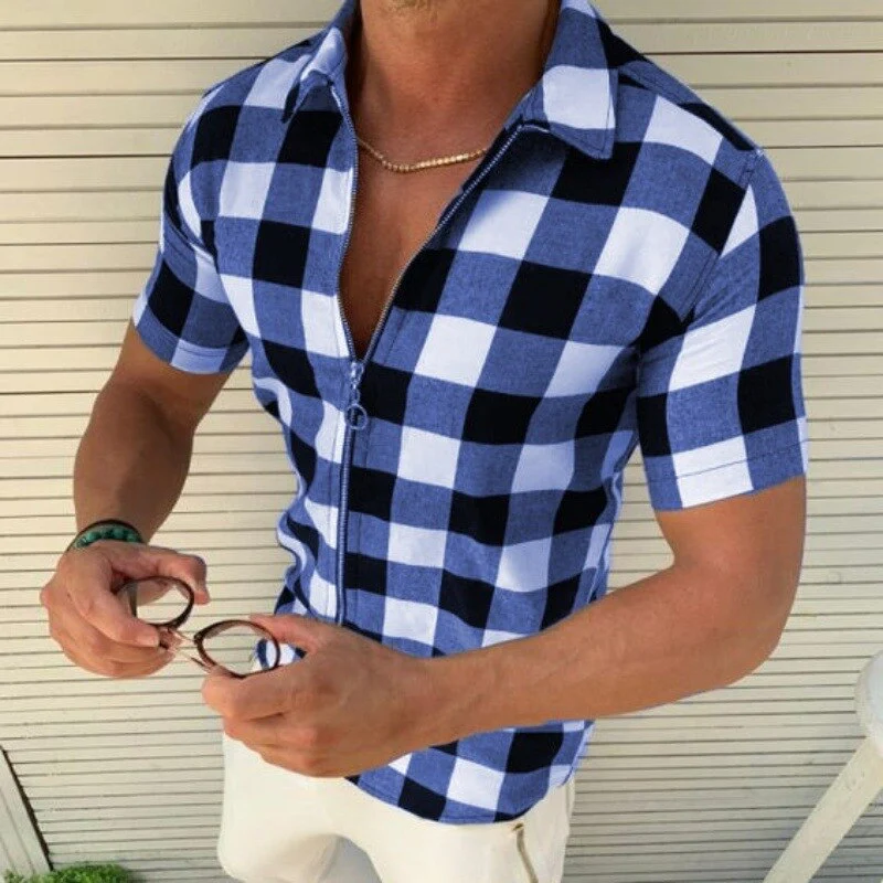 Men's Short Sleeve Lapel Plaid Zip Shirt Top Slim Fit Fashion Zip Cardigan - Image 2