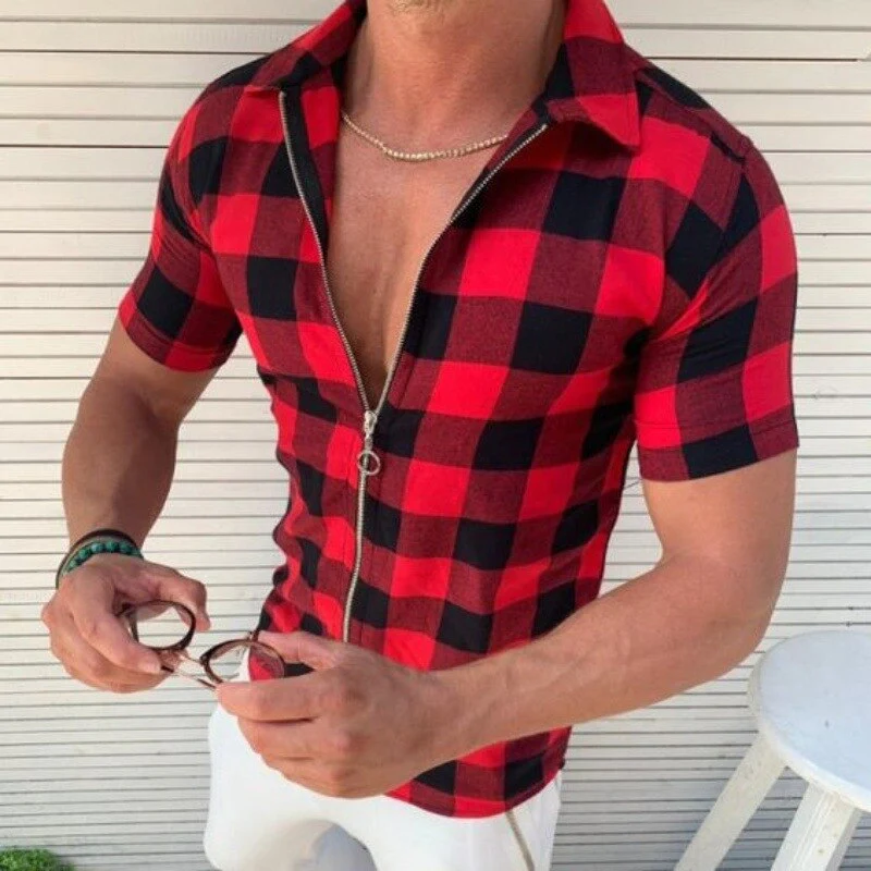 Men's Short Sleeve Lapel Plaid Zip Shirt Top Slim Fit Fashion Zip Cardigan - Image 4