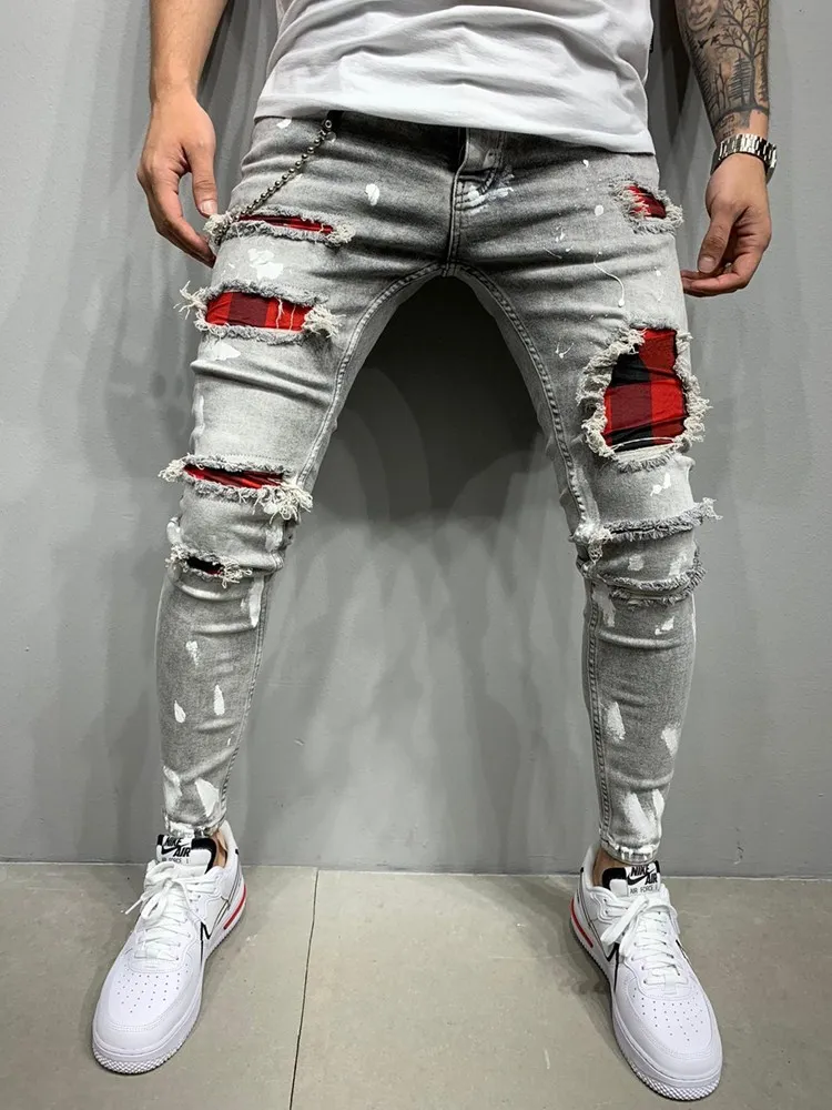 Men's Skinny Ripped Jeans Fashion Grid Beggar Patches Slim Fit Stretch Casual Denim Pencil Pants Painting Jogging Trousers Men - Image 8