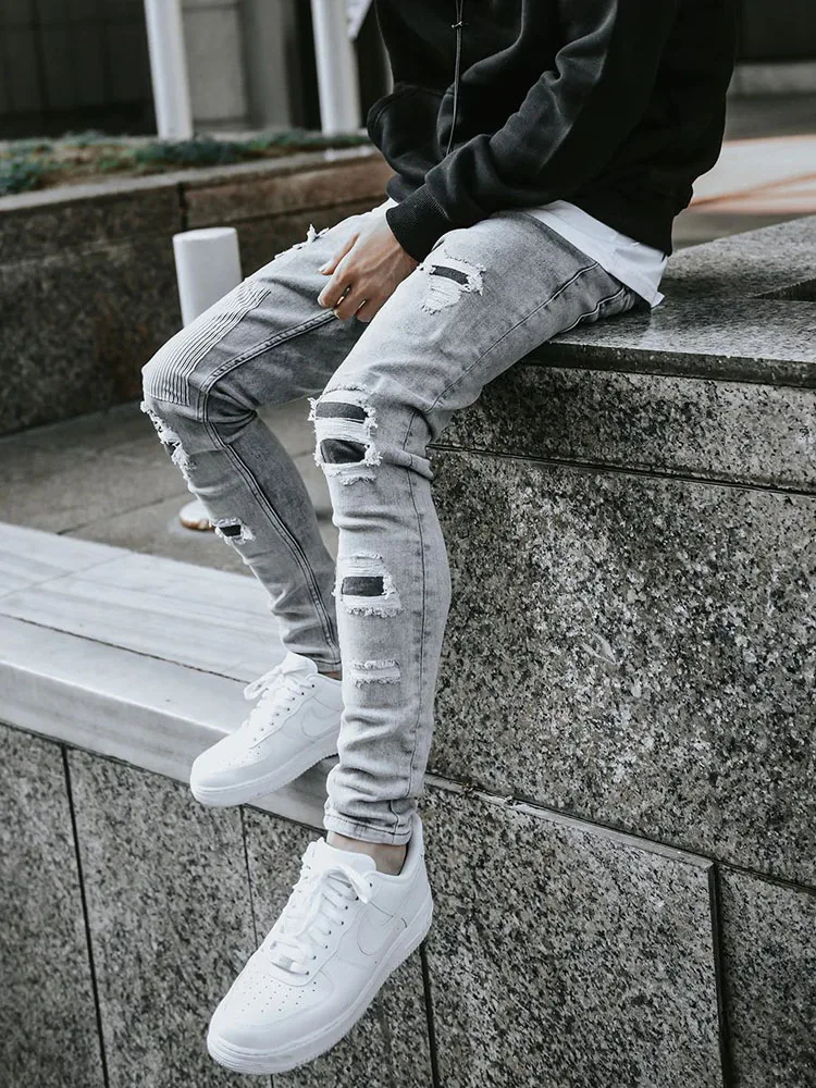 Men's Skinny Ripped Jeans Streetwear Fashion Beggar Patch Men Pencil Pants Grey/Blue Slim Denim Trousers Casual Jeans for Men - Image 2