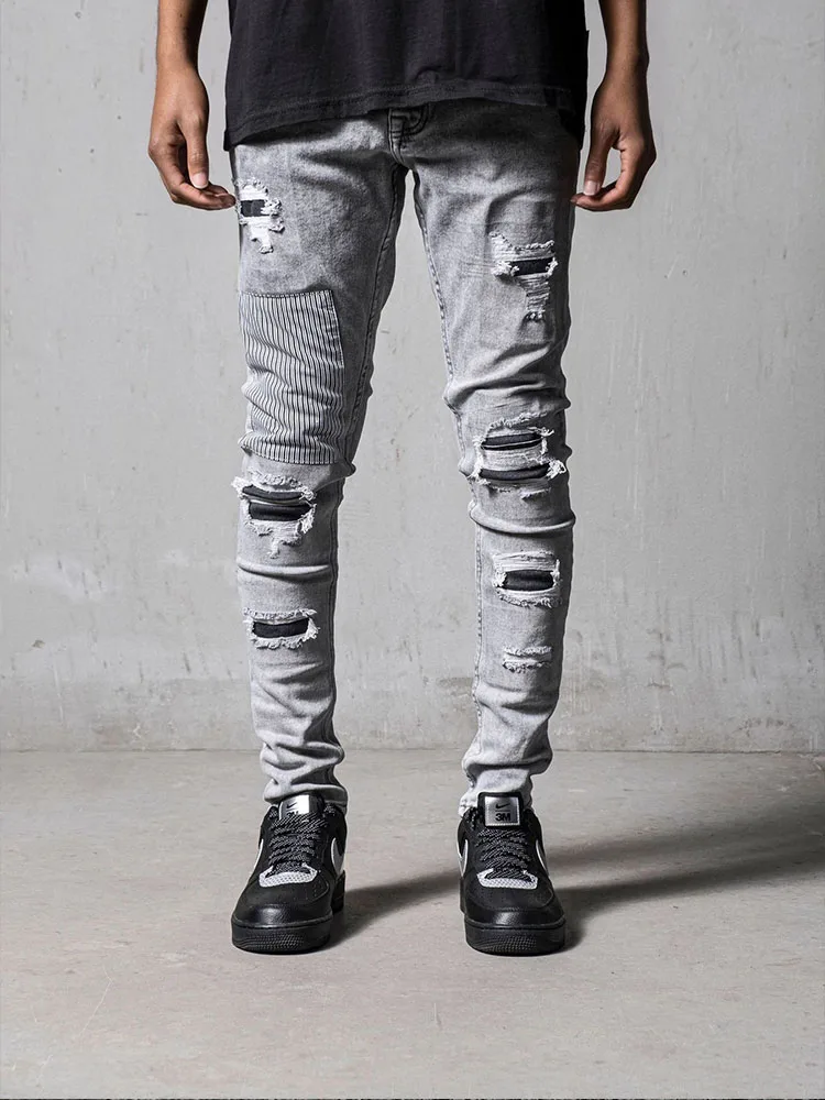 Men's Skinny Ripped Jeans Streetwear Fashion Beggar Patch Men Pencil Pants Grey/Blue Slim Denim Trousers Casual Jeans for Men - Image 3