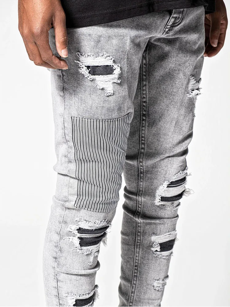Men's Skinny Ripped Jeans Streetwear Fashion Beggar Patch Men Pencil Pants Grey/Blue Slim Denim Trousers Casual Jeans for Men - Image 4