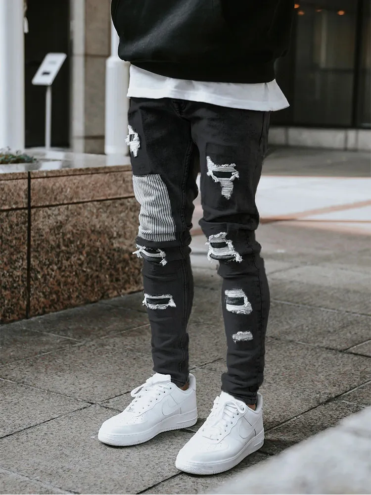 Men's Skinny Ripped Jeans Streetwear Fashion Beggar Patch Men Pencil Pants Grey/Blue Slim Denim Trousers Casual Jeans for Men - Image 5