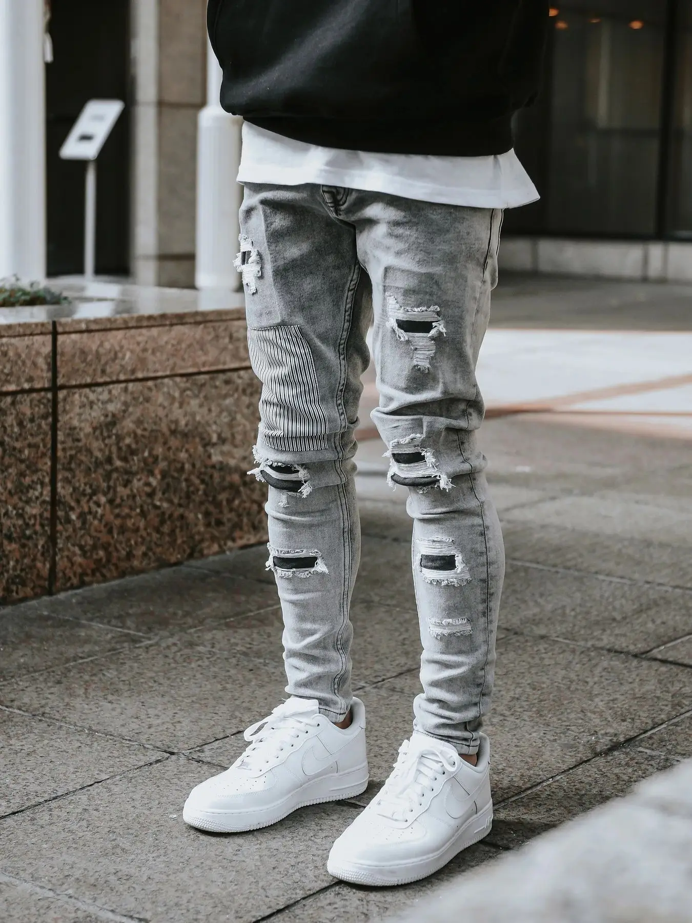 Men's Skinny Ripped Jeans Streetwear Fashion Beggar Patch Men Pencil Pants Grey/Blue Slim Denim Trousers Casual Jeans for Men - Image 7