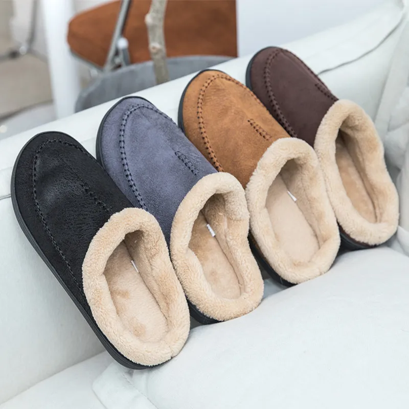 Men's Slippers Home Winter Indoor Plush Warm Shoes Thick Bottom Plush Waterproof Leather House Slippers Man Suede Cotton Shoes - Image 2