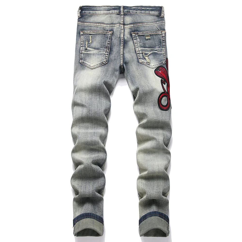 Men's Snake Embroidery Stretch Denim Jeans Streetwear Red Leather Patch Slim Tapered Pants with Holes And Rips Trousers - Image 2