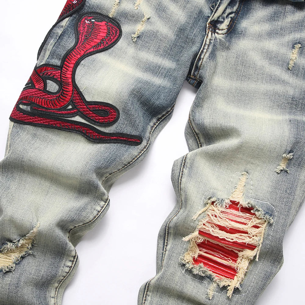 Men's Snake Embroidery Stretch Denim Jeans Streetwear Red Leather Patch Slim Tapered Pants with Holes And Rips Trousers - Image 3