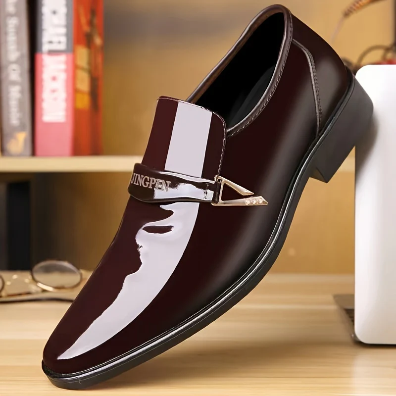 Men's Solid Color Faux Patent Leather Upper Slip On Loafer Shoes, Comfy Non Slip Casual Business Style Dress Shoes, Men's Footwear - Image 10