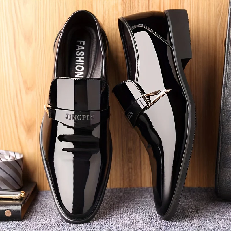 Men's Solid Color Faux Patent Leather Upper Slip On Loafer Shoes, Comfy Non Slip Casual Business Style Dress Shoes, Men's Footwear - Image 3