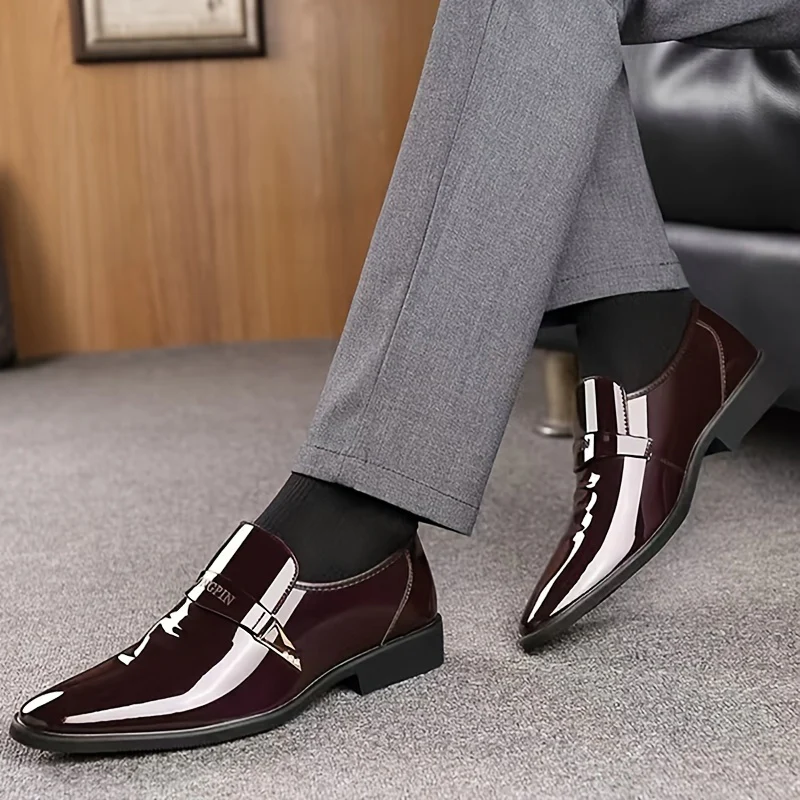 Men's Solid Color Faux Patent Leather Upper Slip On Loafer Shoes, Comfy Non Slip Casual Business Style Dress Shoes, Men's Footwear - Image 7