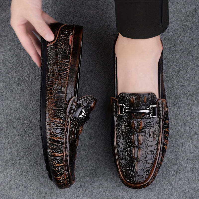 Men's Solid Color Lightweight Slip On Split Cow Leather Upper Loafer Shoes, Comfy Non Slip Casual Rubber Sole Dress Shoes, Men's Footwear - Image 2