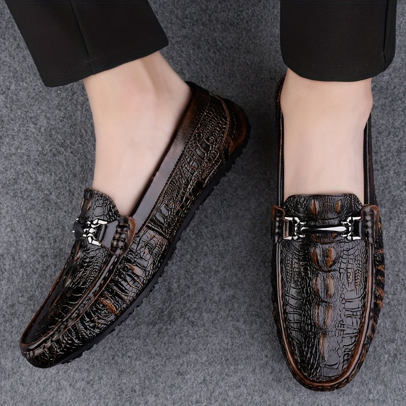 Men's Solid Color Lightweight Slip On Split Cow Leather Upper Loafer Shoes, Comfy Non Slip Casual Rubber Sole Dress Shoes, Men's Footwear - Image 3