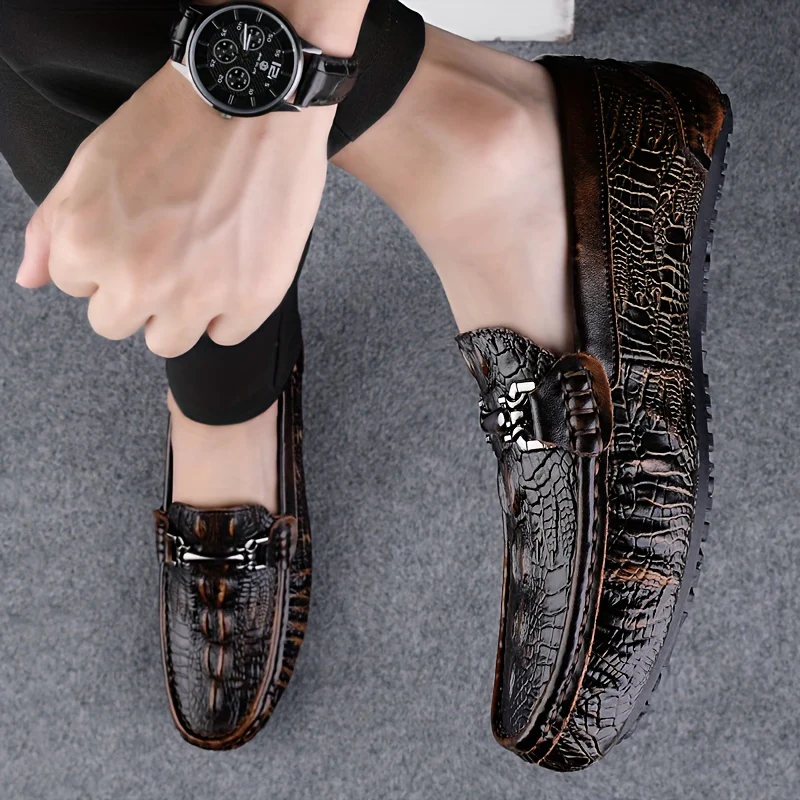 Men's Solid Color Lightweight Slip On Split Cow Leather Upper Loafer Shoes, Comfy Non Slip Casual Rubber Sole Dress Shoes, Men's Footwear - Image 5