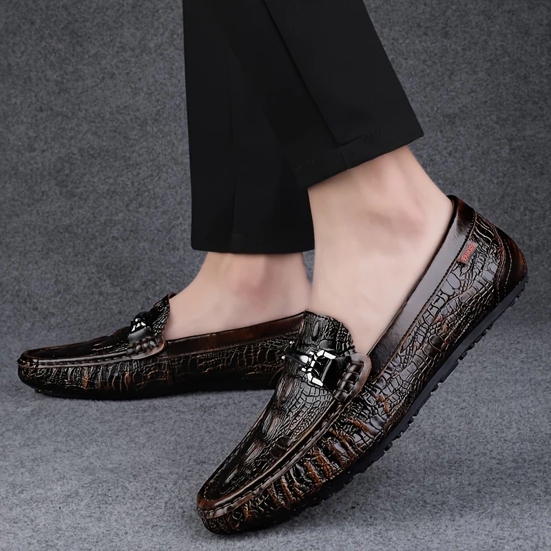Men's Solid Color Lightweight Slip On Split Cow Leather Upper Loafer Shoes, Comfy Non Slip Casual Rubber Sole Dress Shoes, Men's Footwear - Image 7