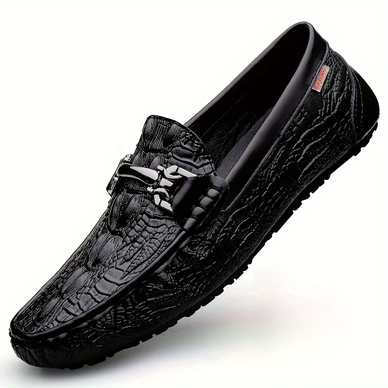 Men's Solid Color Lightweight Slip On Split Cow Leather Upper Loafer Shoes, Comfy Non Slip Casual Rubber Sole Dress Shoes, Men's Footwear - Image 9