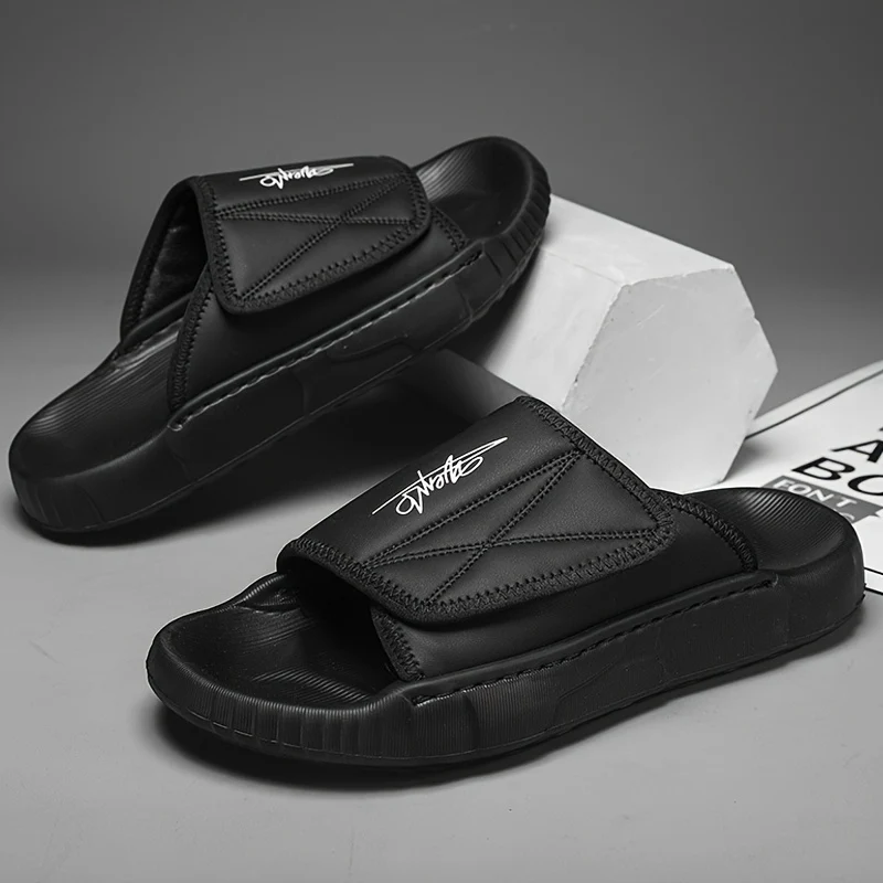 Men's Solid Color Open Toe Breathable Adjustable Hook & Loop Fastener Slippers, Comfy Non Slip Durable EVA Sole Slides, Men's Footwear