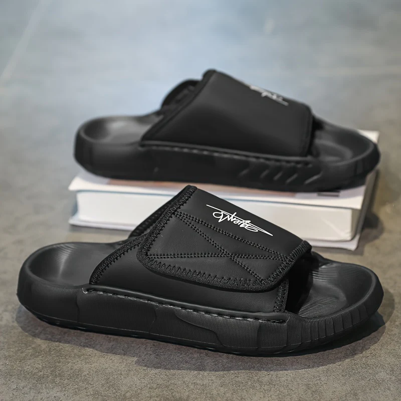 Men's Solid Color Open Toe Breathable Adjustable Hook & Loop Fastener Slippers, Comfy Non Slip Durable EVA Sole Slides, Men's Footwear - Image 2
