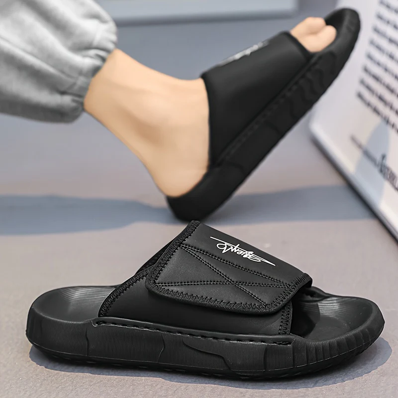 Men's Solid Color Open Toe Breathable Adjustable Hook & Loop Fastener Slippers, Comfy Non Slip Durable EVA Sole Slides, Men's Footwear - Image 3