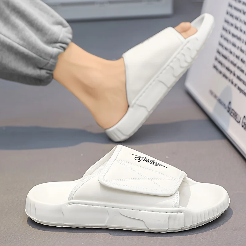 Men's Solid Color Open Toe Breathable Adjustable Hook & Loop Fastener Slippers, Comfy Non Slip Durable EVA Sole Slides, Men's Footwear - Image 4