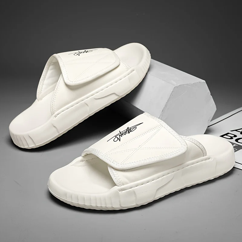 Men's Solid Color Open Toe Breathable Adjustable Hook & Loop Fastener Slippers, Comfy Non Slip Durable EVA Sole Slides, Men's Footwear - Image 6