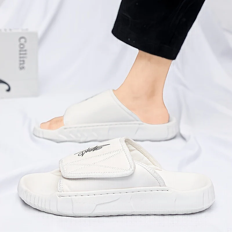 Men's Solid Color Open Toe Breathable Adjustable Hook & Loop Fastener Slippers, Comfy Non Slip Durable EVA Sole Slides, Men's Footwear - Image 7