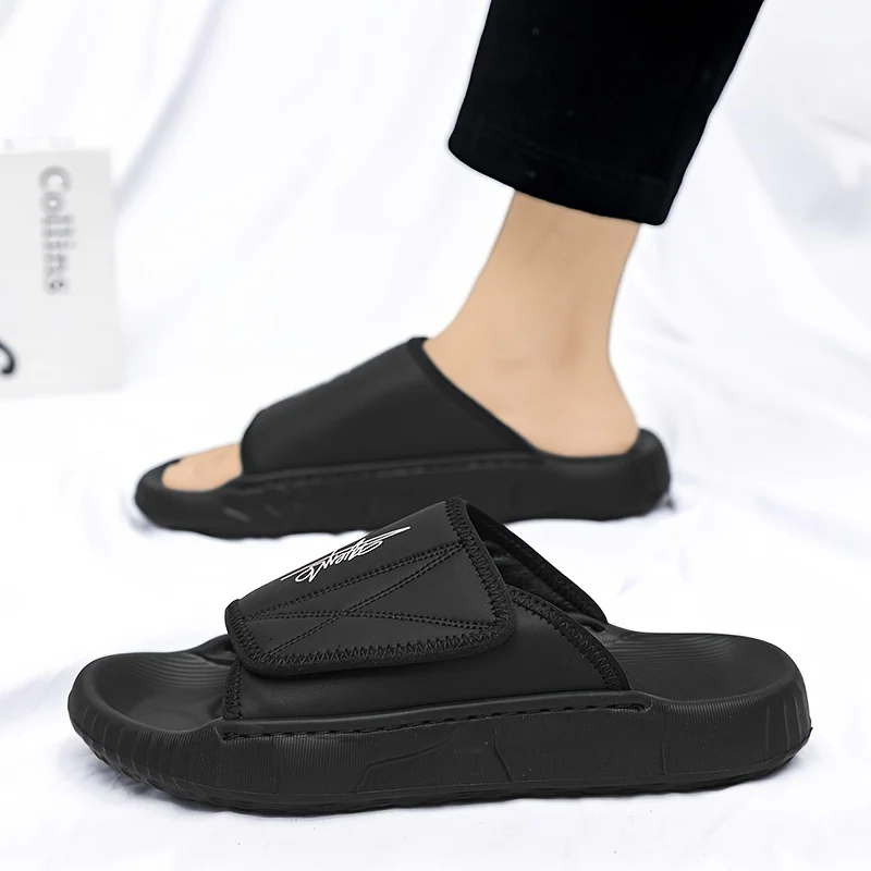 Men's Solid Color Open Toe Breathable Adjustable Hook & Loop Fastener Slippers, Comfy Non Slip Durable EVA Sole Slides, Men's Footwear - Image 8