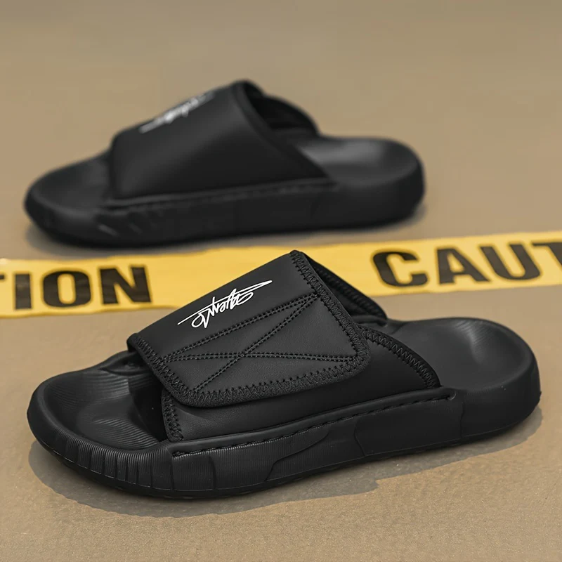 Men's Solid Color Open Toe Breathable Adjustable Hook & Loop Fastener Slippers, Comfy Non Slip Durable EVA Sole Slides, Men's Footwear - Image 9