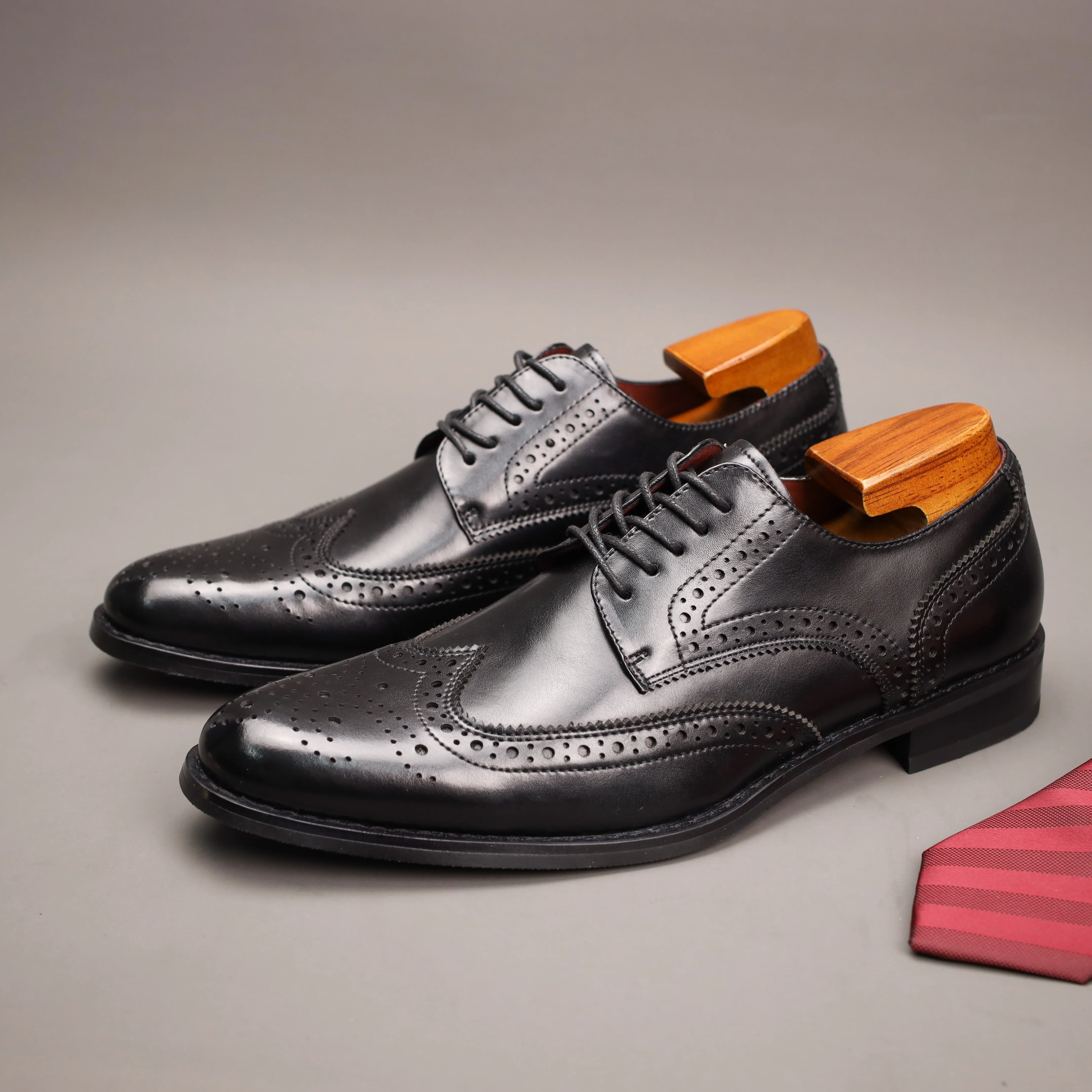 Men'S Solid Color Split Cow Faux Leather Upper Wingtip Brogue Toe Derby Shoes, Comfy Non Slip Rubber Sole Lace Up Durable Dress Shoes, Men'S Footwear - Image 7