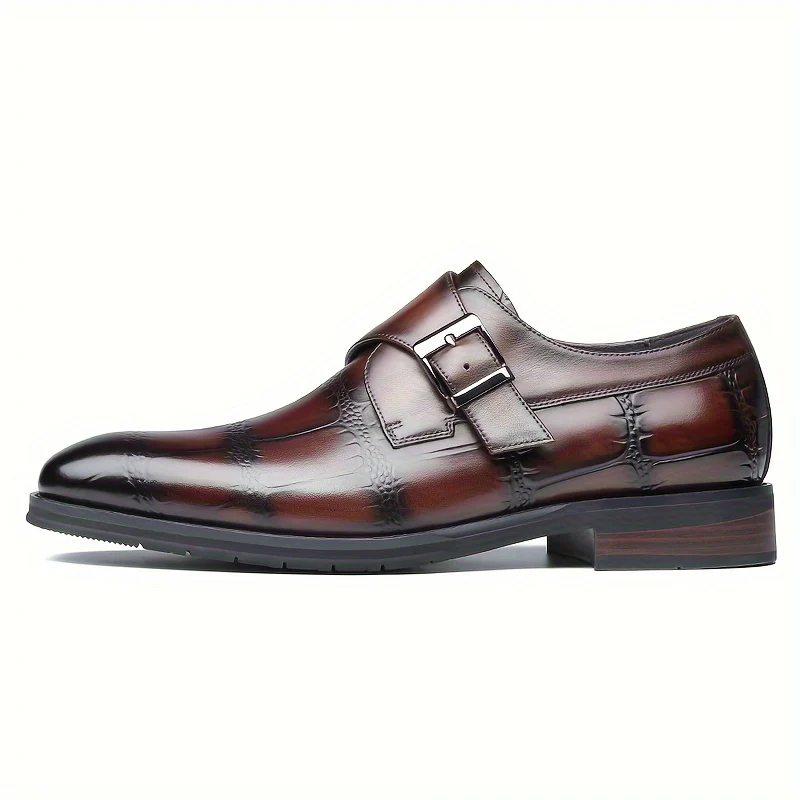 Men's Solid Color Top Grain Cow Leather Upper Monk Shoes, Comfy Non Slip Rubber Sole Durable Dress Shoes, Men's Footwear - Image 2
