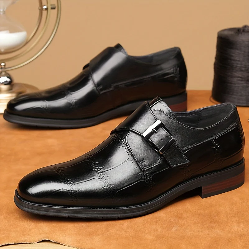 Men's Solid Color Top Grain Cow Leather Upper Monk Shoes, Comfy Non Slip Rubber Sole Durable Dress Shoes, Men's Footwear - Image 8