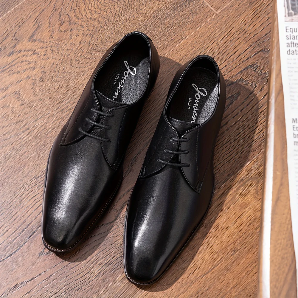 Men's Solid Colour Top Grain Leather Plain Toe Oxford Shoes, Comfy Non Slip Durable Rubber Sole Lace Up Formal Shoes, Men's Footwear - Image 11