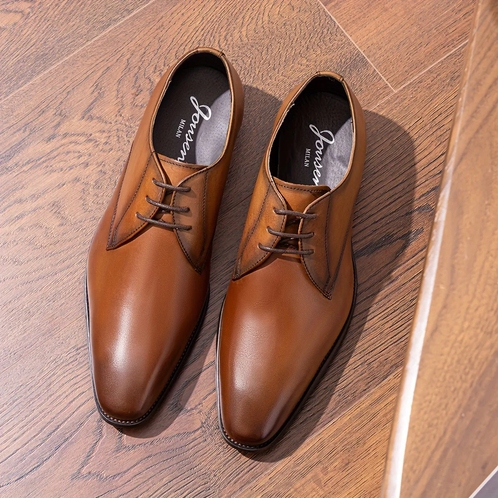 Men's Solid Colour Top Grain Leather Plain Toe Oxford Shoes, Comfy Non Slip Durable Rubber Sole Lace Up Formal Shoes, Men's Footwear - Image 12