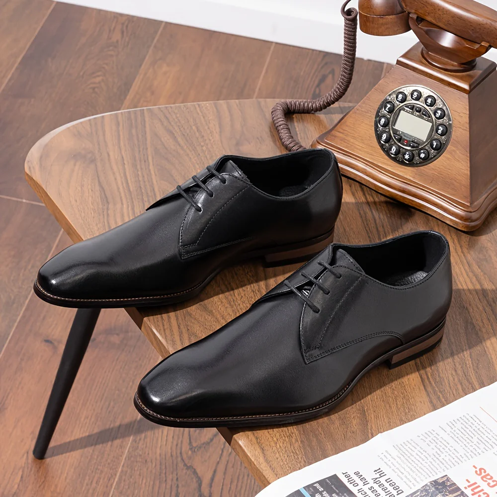 Men's Solid Colour Top Grain Leather Plain Toe Oxford Shoes, Comfy Non Slip Durable Rubber Sole Lace Up Formal Shoes, Men's Footwear - Image 2