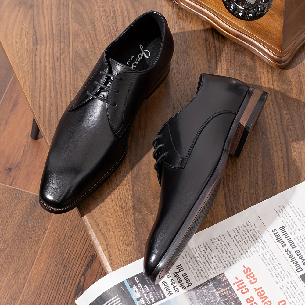 Men's Solid Colour Top Grain Leather Plain Toe Oxford Shoes, Comfy Non Slip Durable Rubber Sole Lace Up Formal Shoes, Men's Footwear - Image 3