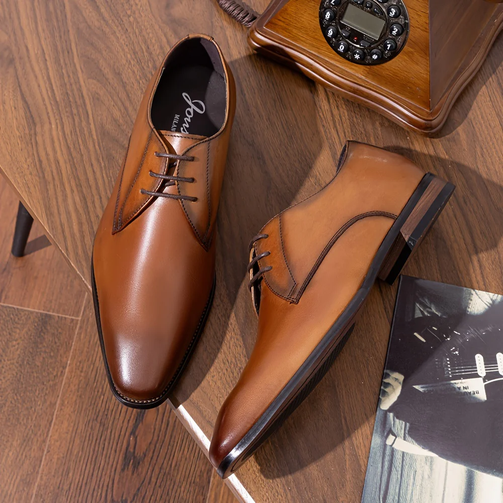 Men's Solid Colour Top Grain Leather Plain Toe Oxford Shoes, Comfy Non Slip Durable Rubber Sole Lace Up Formal Shoes, Men's Footwear - Image 5