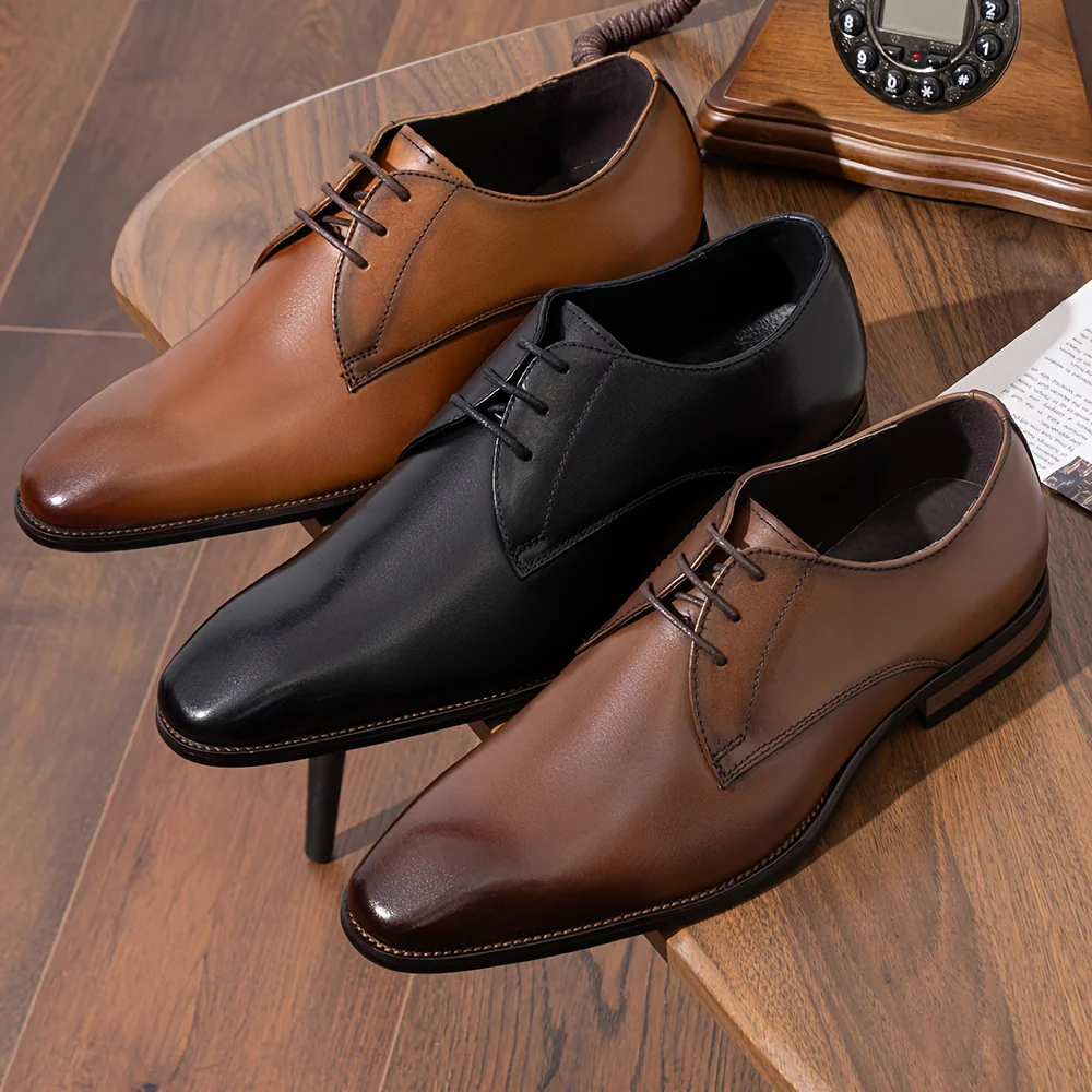 Men's Solid Colour Top Grain Leather Plain Toe Oxford Shoes, Comfy Non Slip Durable Rubber Sole Lace Up Formal Shoes, Men's Footwear - Image 8