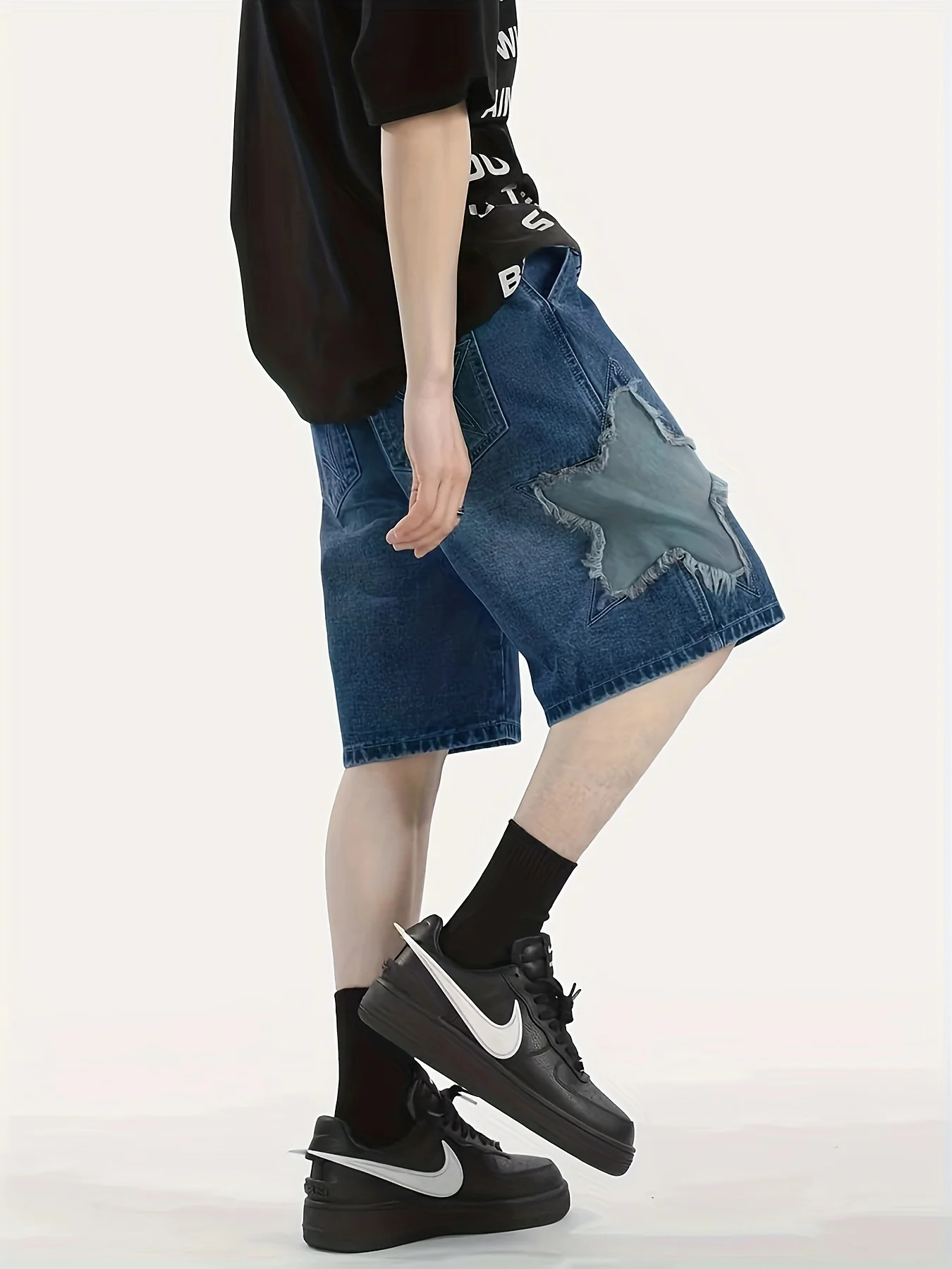 Men's Solid Wide Leg Denim Shorts With Star Pattern, Summer Trend Leisure Jorts - Image 2