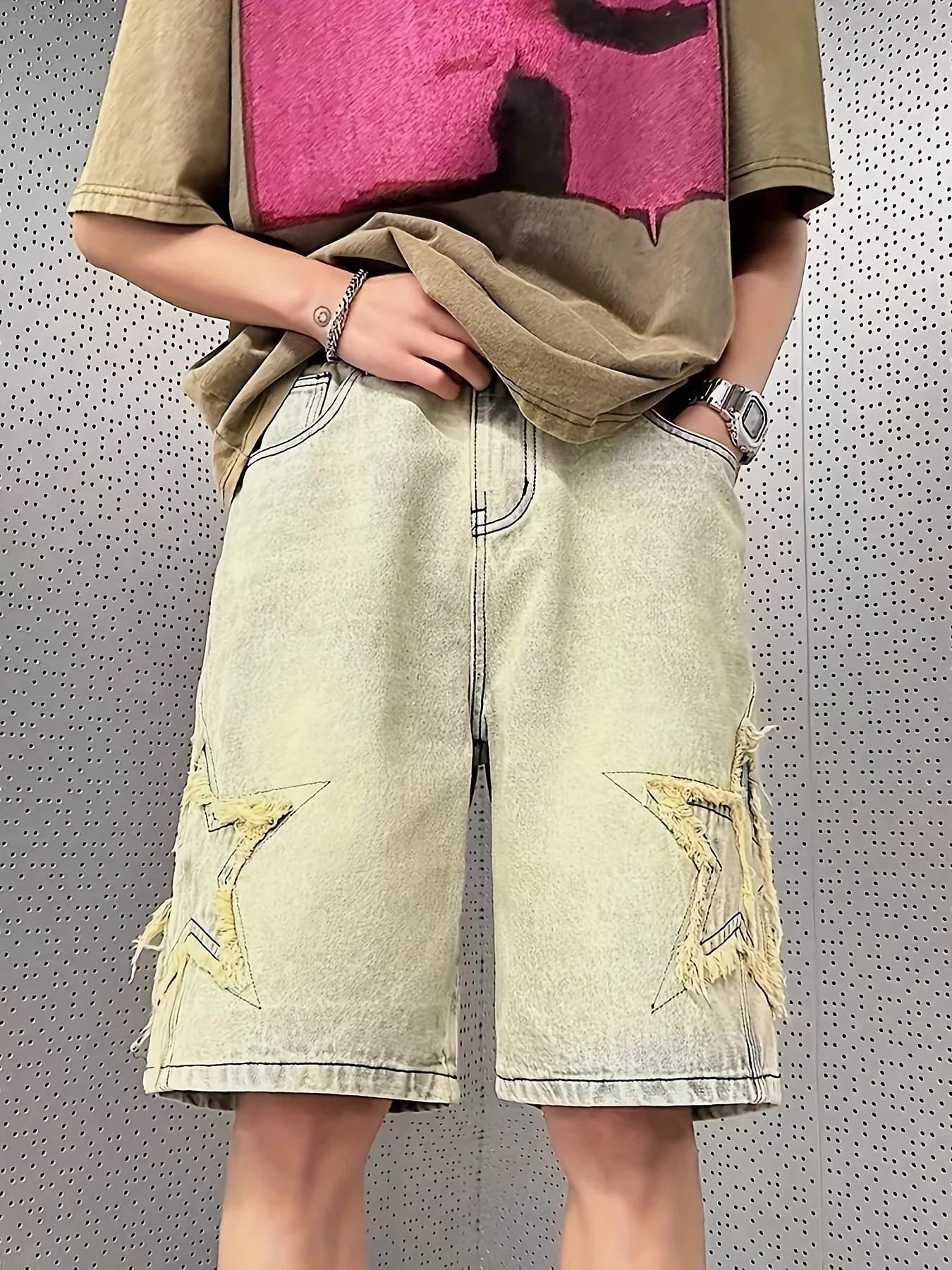 Men's Solid Wide Leg Denim Shorts With Star Pattern, Summer Trend Leisure Jorts - Image 4
