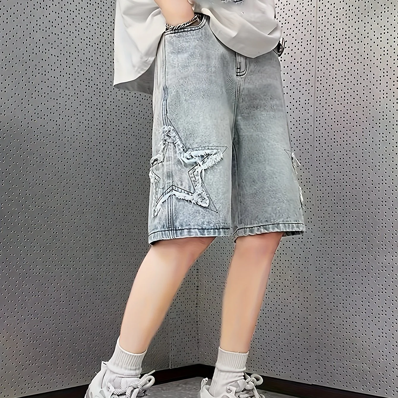 Men's Solid Wide Leg Denim Shorts With Star Pattern, Summer Trend Leisure Jorts - Image 7