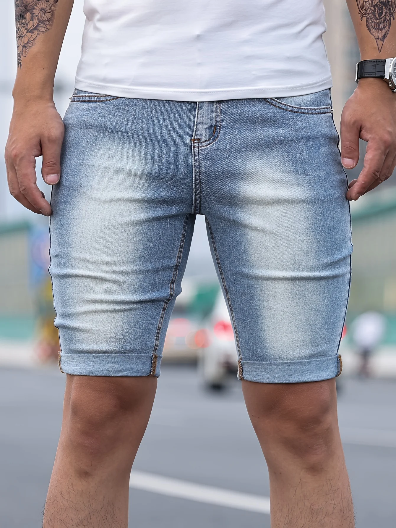 Men's Stylish Casual Skinny Solid Denim Shorts For Summer Daily Life - Image 5