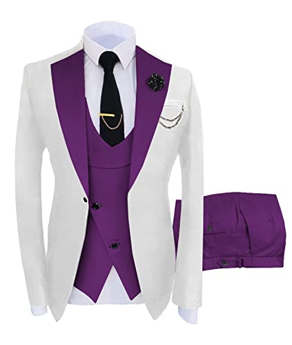 Men's Suits Slim Fit 3 Pieces Notch Lapel Formal Groomsmen Tuxedos for Wedding (Blazer+Vest+Pant)(White-Red,42) - Image 5