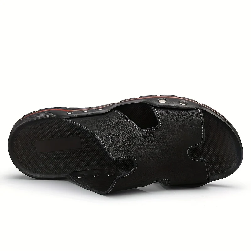 Men's Trendy Open Toe Breathable Split Cow Leather Upper Slippers, Comfy Non Slip Casual Rubber Sole Slides, Men's Footwear - Image 5