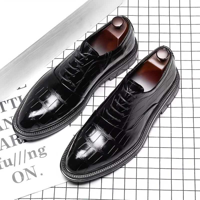 Men's Trendy Solid Oxfords, Wear-resistant Non Slip Lace-up Dress Shoes, Middle Aged Men's Footwear - Image 3