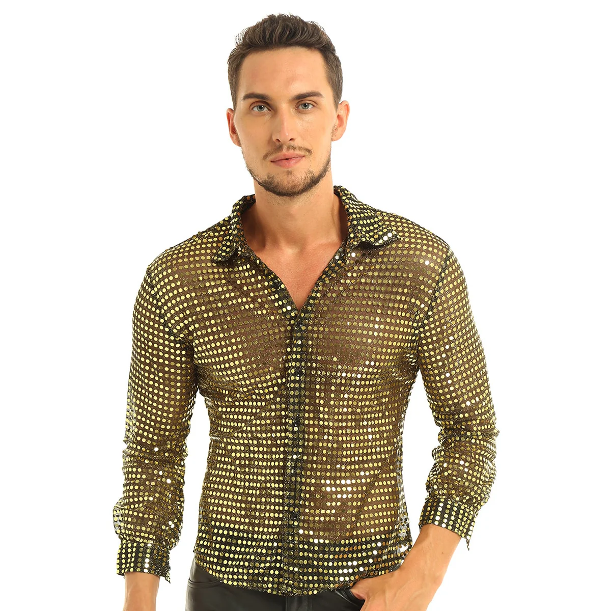 Mens Tuxedo Shirts Shiny Sequins See Through Mesh Long Sleeve Clubwear - Image 2