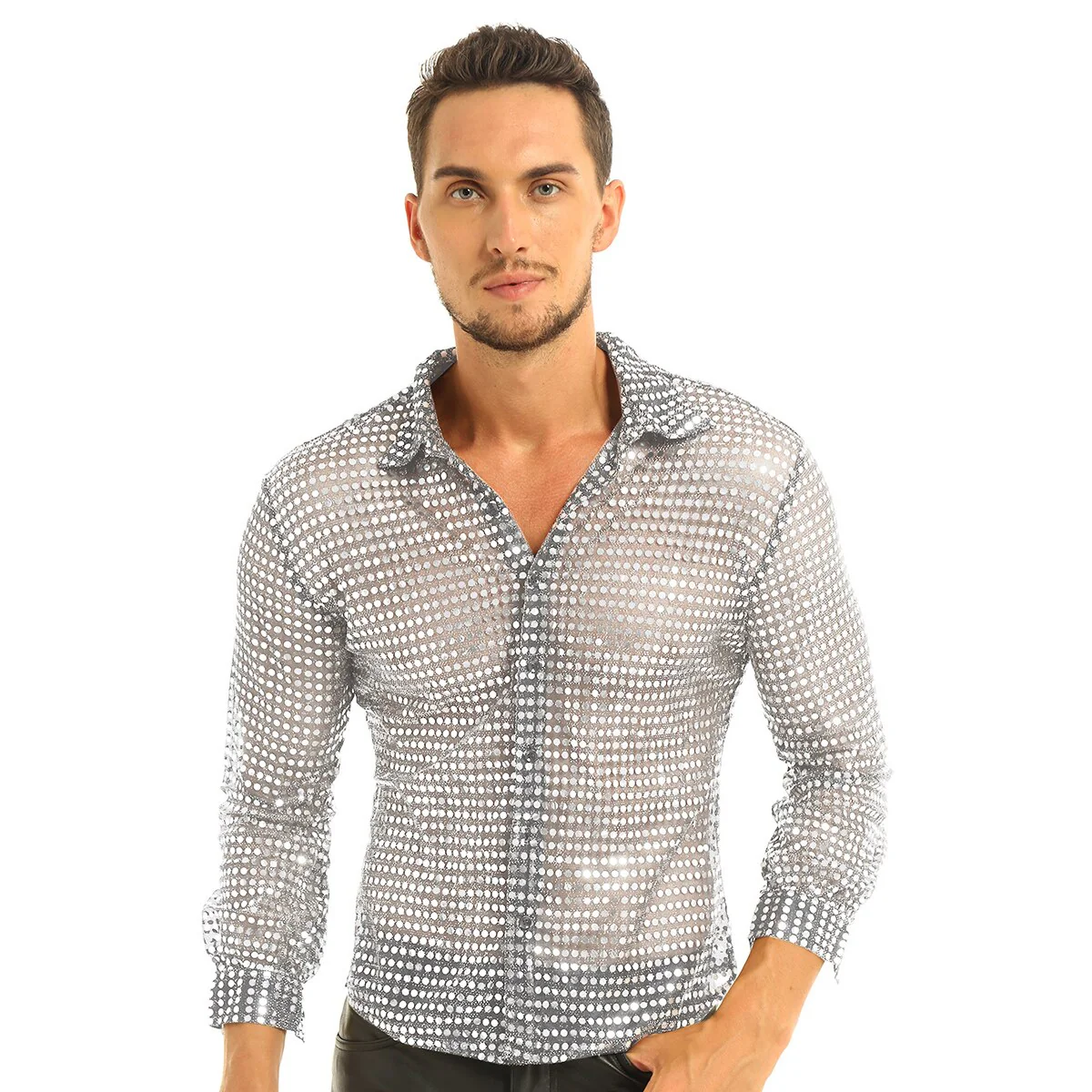 Mens Tuxedo Shirts Shiny Sequins See Through Mesh Long Sleeve Clubwear - Image 3