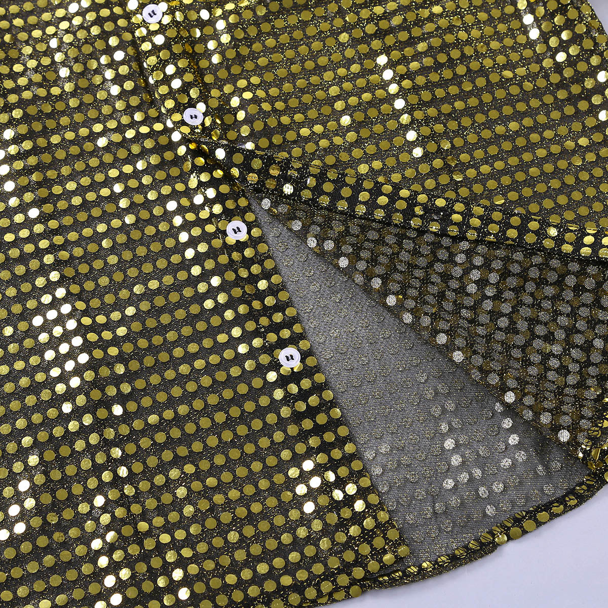 Mens Tuxedo Shirts Shiny Sequins See Through Mesh Long Sleeve Clubwear - Image 4