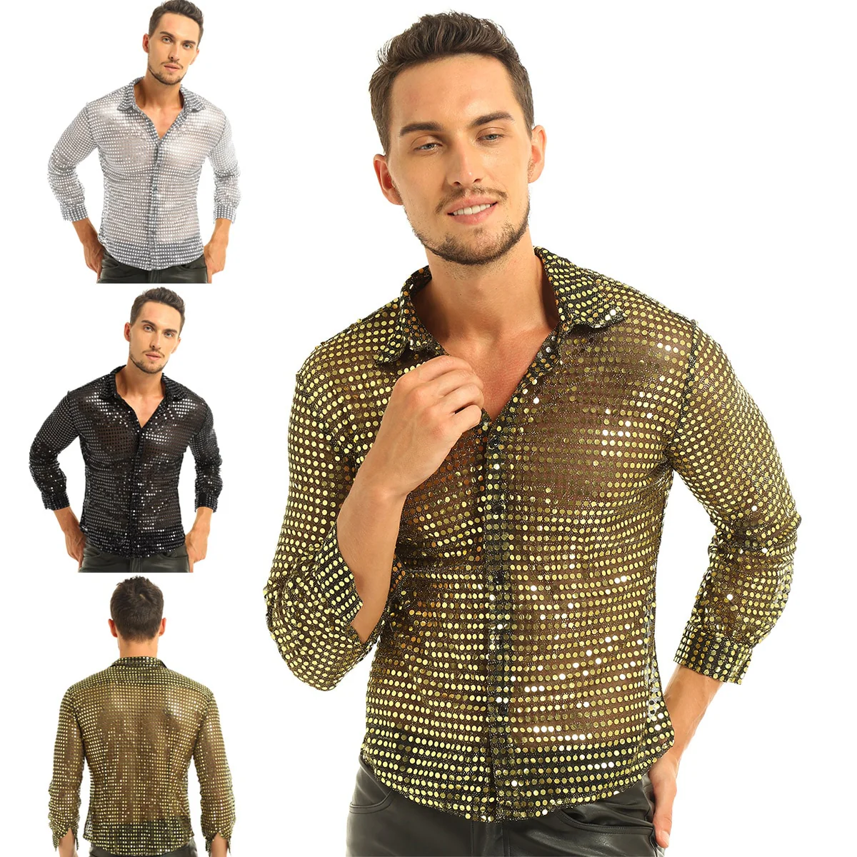 Mens Tuxedo Shirts Shiny Sequins See Through Mesh Long Sleeve Clubwear - Image 5