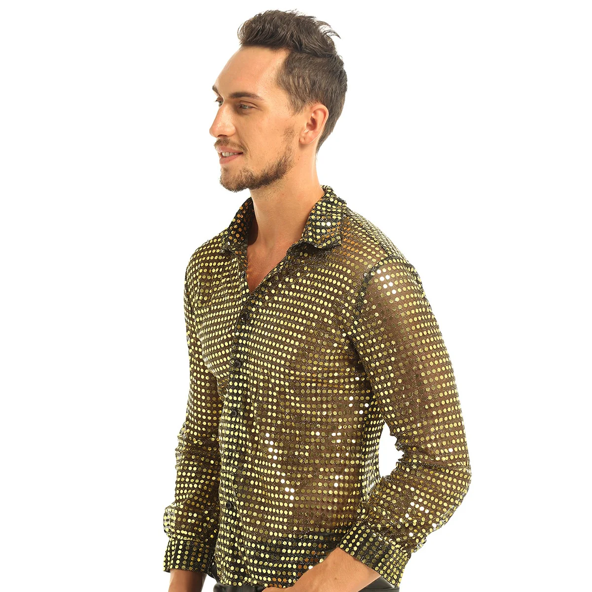 Mens Tuxedo Shirts Shiny Sequins See Through Mesh Long Sleeve Clubwear - Image 6